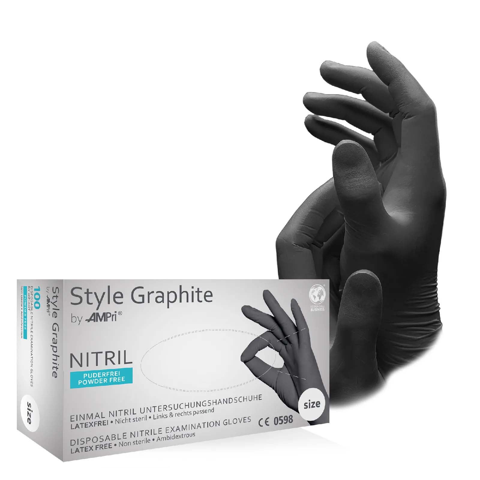 Einmalhandschuhe, Nitril Handschuhe, anthrazit, puderfrei, 100 Stück, Größe M, Style Graphite by AMPri