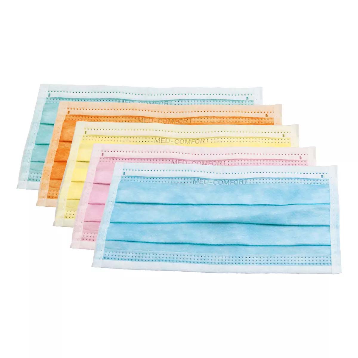 Farbige OP-Maske, 5 Farben Mix, bunt, grün, blau, gelb, pink, orange, Typ IIR, 3-Lagig, latexfrei, 50 Stück, Einwegmaske, Medizinischer Mundschutz, MNS, Mund-Nasenschutz, Einmalmaske, Schutzmaske, Med-Comfort