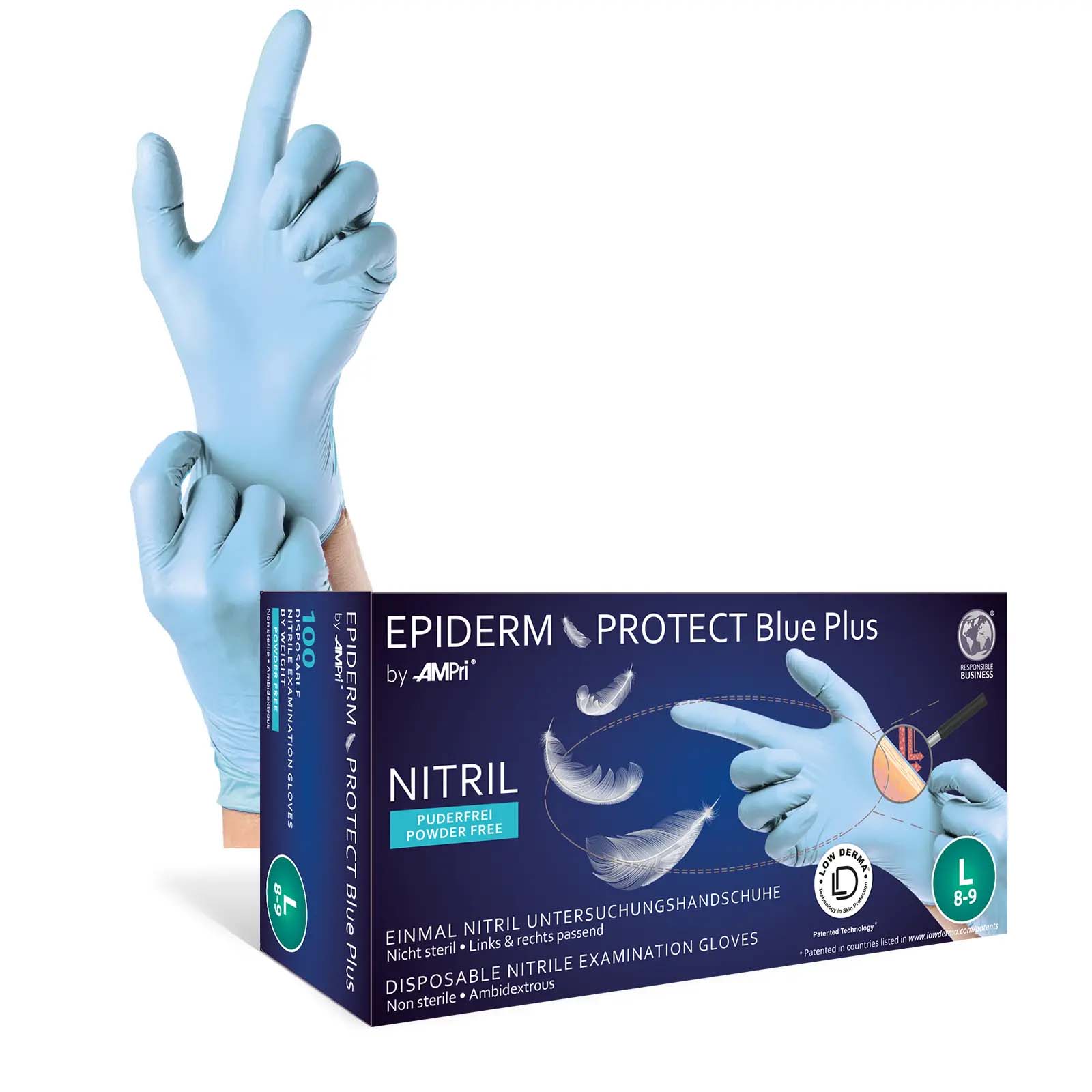 Einmalhandschuhe, Nitril Handschuhe, hellblau, puderfrei, 100 Stück, Größe L, Epiderm Protect Blue Plus für empfindliche Haut, Med-Comfort