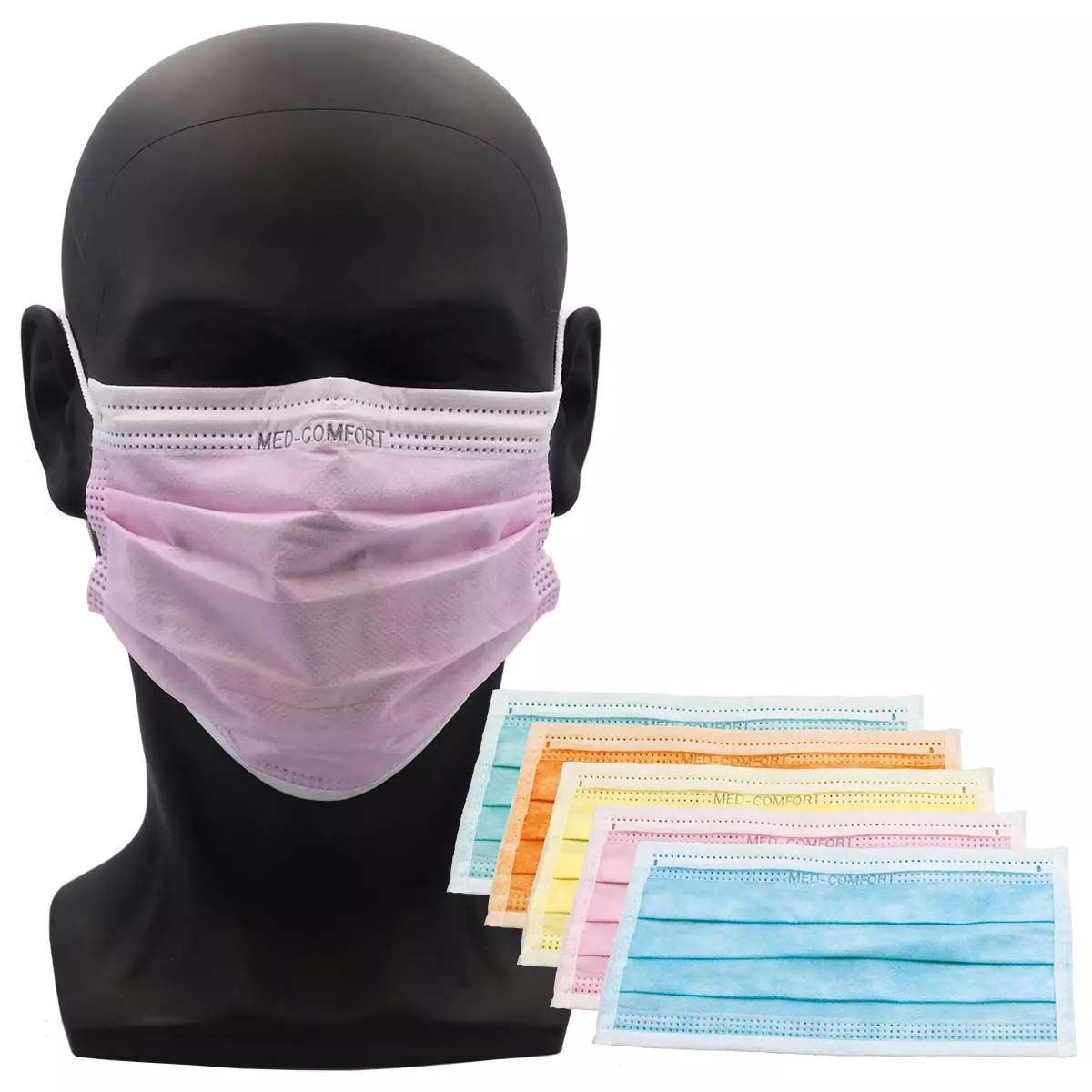 Farbige OP-Maske, 5 Farben Mix, bunt, grün, blau, gelb, pink, orange, Typ IIR, 3-Lagig, latexfrei, 50 Stück, Einwegmaske, Medizinischer Mundschutz, MNS, Mund-Nasenschutz, Einmalmaske, Schutzmaske, Med-Comfort