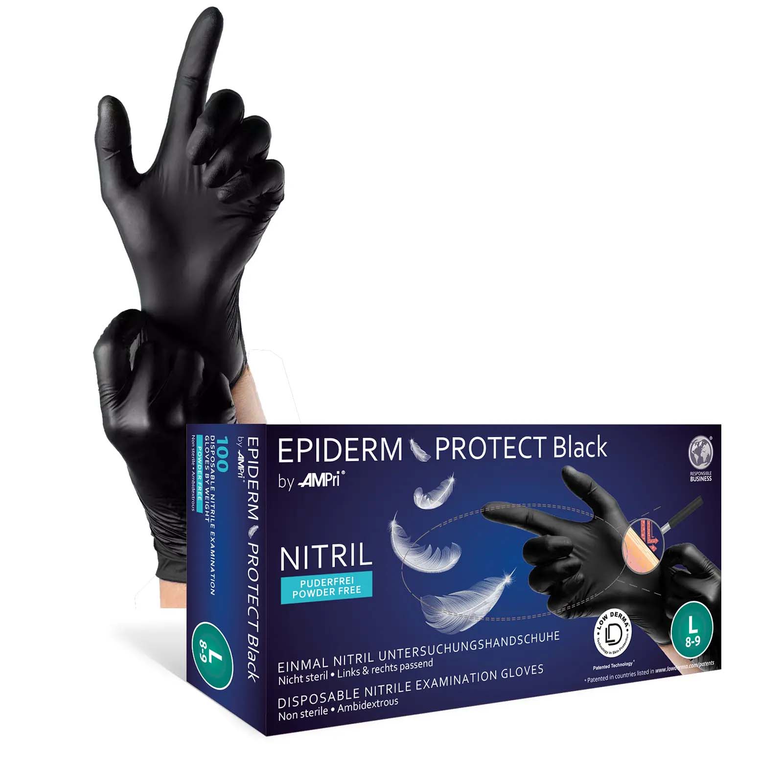 Einmalhandschuhe, Nitril Handschuhe, schwarz, puderfrei, 100 Stück, Größe XL, Epiderm Protect Black für empfindliche Haut, Med-Comfort