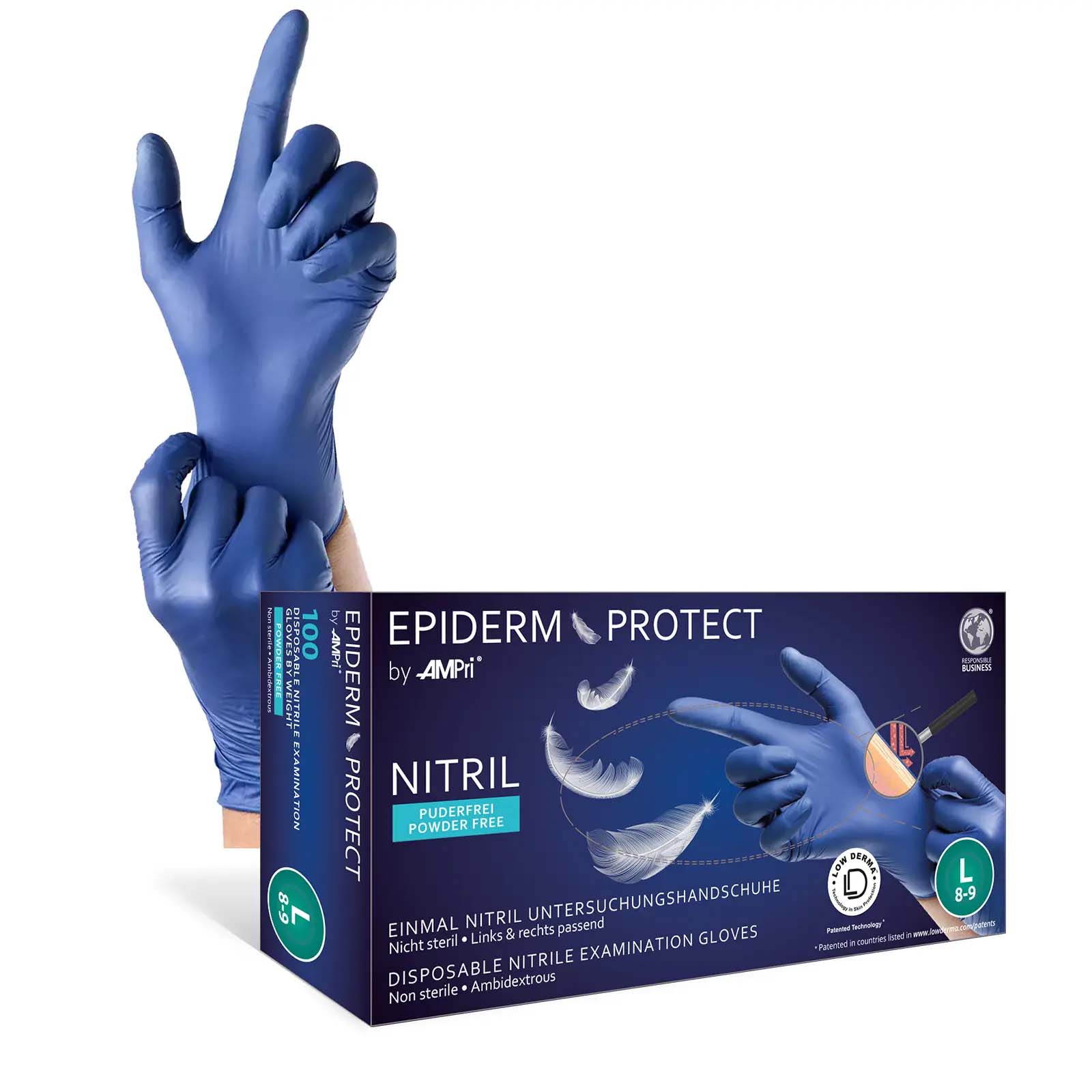 Einmalhandschuhe, Nitril Handschuhe, blau, puderfrei, 100 Stück, Größe L, Epiderm Protect für empfindliche Haut, Med-Comfort