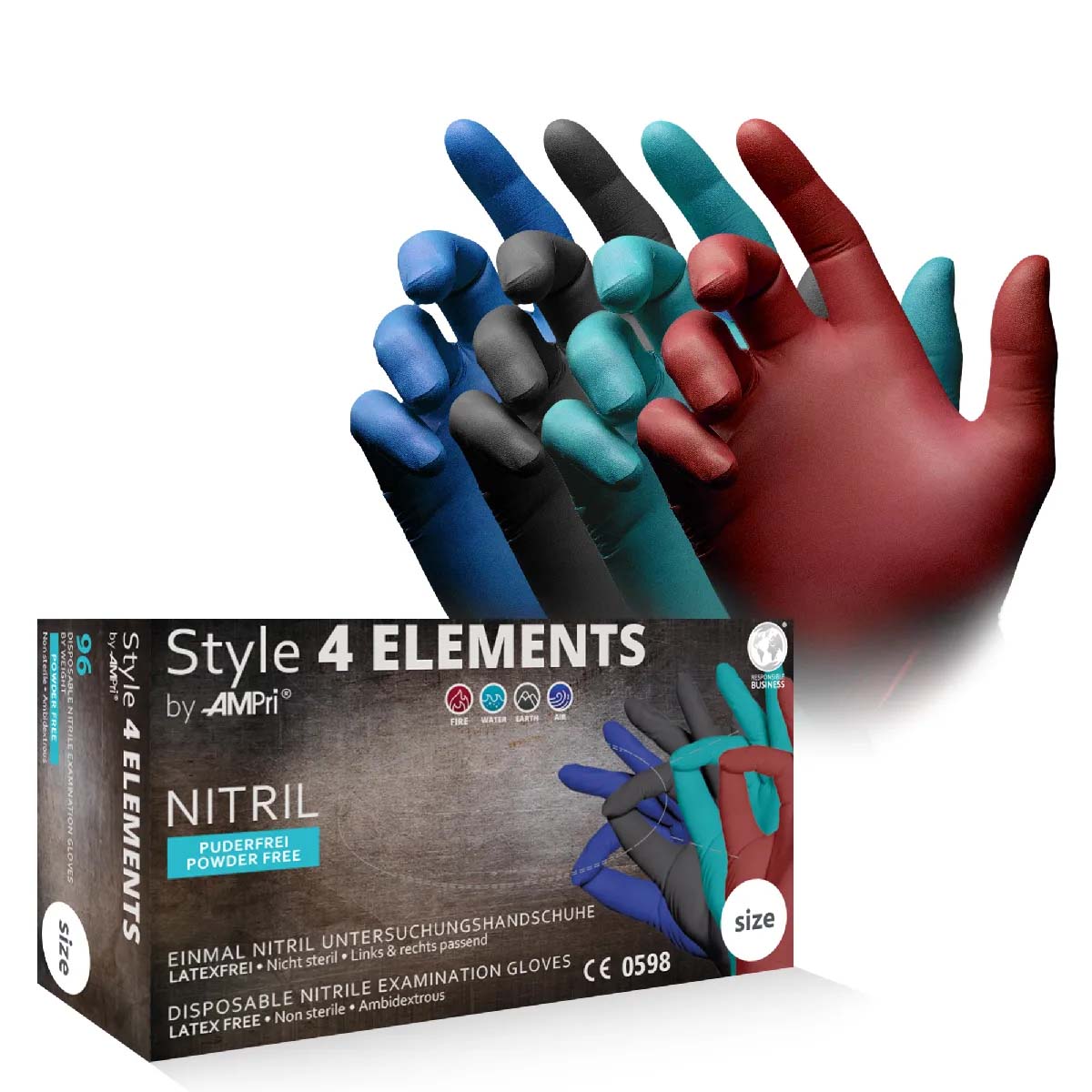 Einmalhandschuhe, Nitril Handschuhe, 4 Elements (bordeaux, ocean green, anthrazit, dunkelblau), puderfrei, 96 Stück, Größe XS, 4 Farben, Style by Med-Comfort