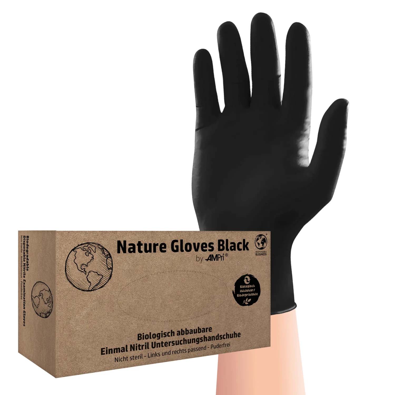 Einmalhandschuhe, Nitril Handschuhe, schwarz, puderfrei, 100 Stück, Größe M, Nature Gloves, biologisch abbaubar