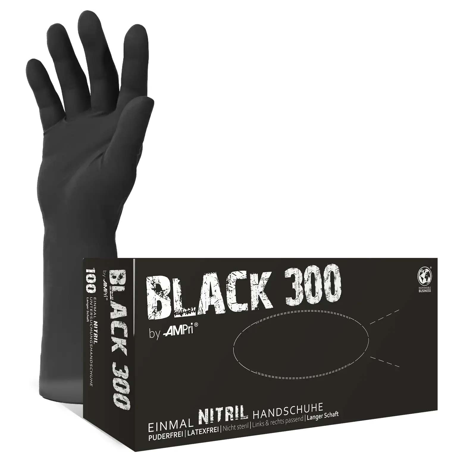 Einmalhandschuhe, Nitril Handschuhe, extralang, schwarz, puderfrei, 300mm, 100 Stück, Größe XS, Black 300 Nitril