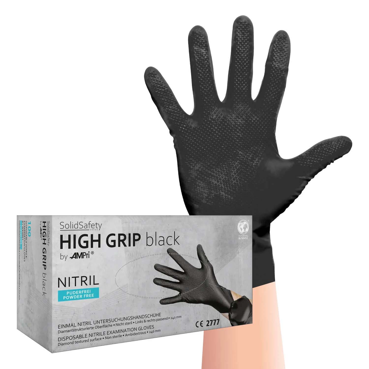 High Grip Einmalhandschuh aus Nitril, Größe L, schwarz, SolidSafety, Größe S-XXL, 100 Stück