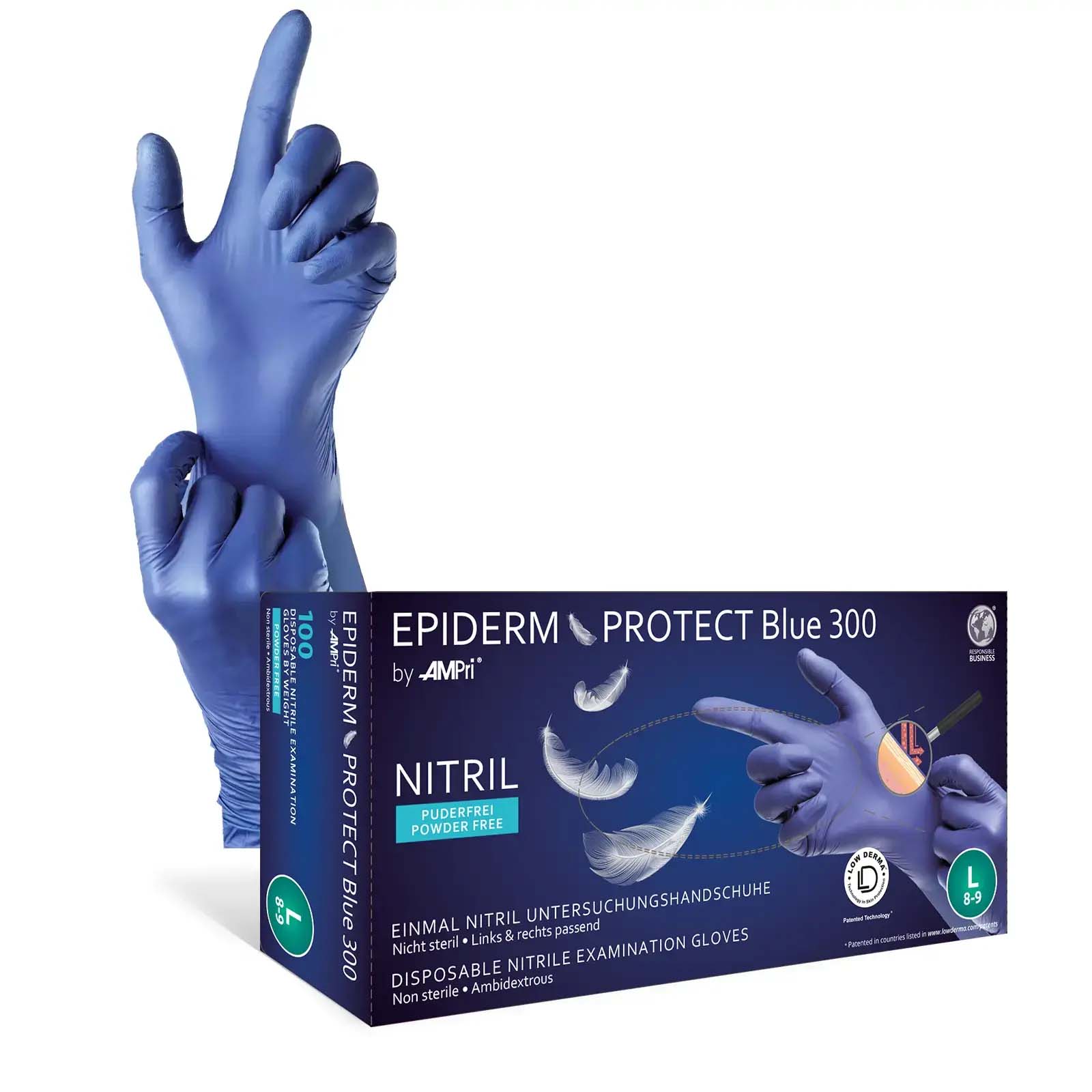 Einmalhandschuhe, Nitril Handschuhe, blau, puderfrei, 100 Stück, Größe S, Epiderm Protect Blue 300 für empfindliche Haut