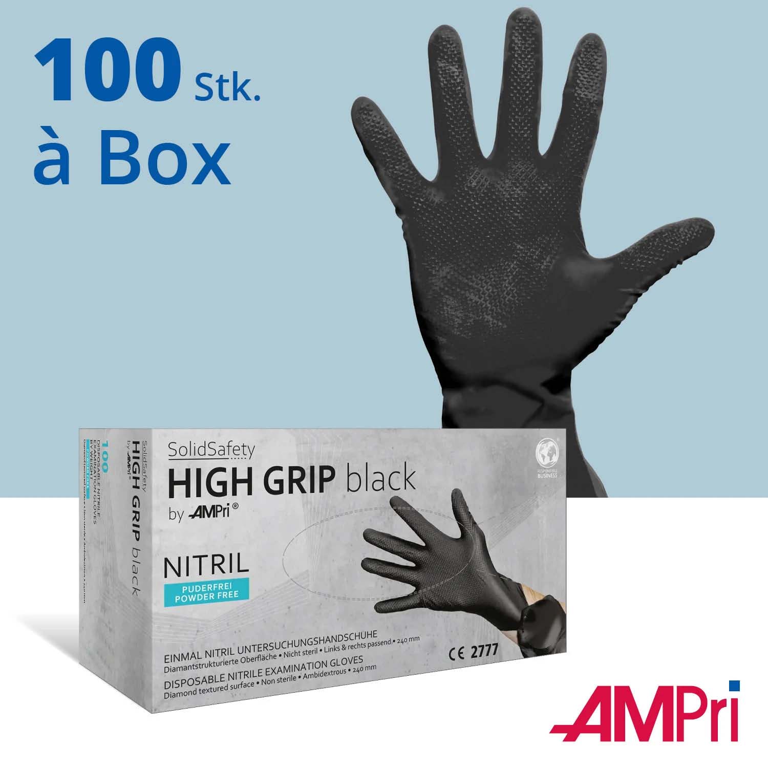 High Grip Einmalhandschuh aus Nitril, Größe L, schwarz, SolidSafety, Größe S-XXL, 100 Stück