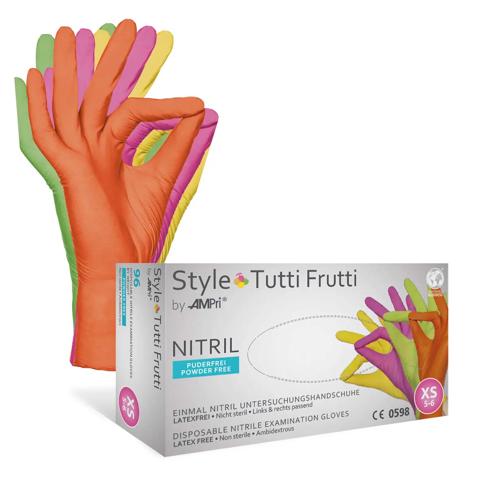 Einmalhandschuhe, Nitril Handschuhe, tutti frutti (gelb, pink, grün, orange), puderfrei, 96 Stück, Größe L, 4 Farben (Zitronella, Pinkabella, Adam, Orangina), Style by Med-Comfort