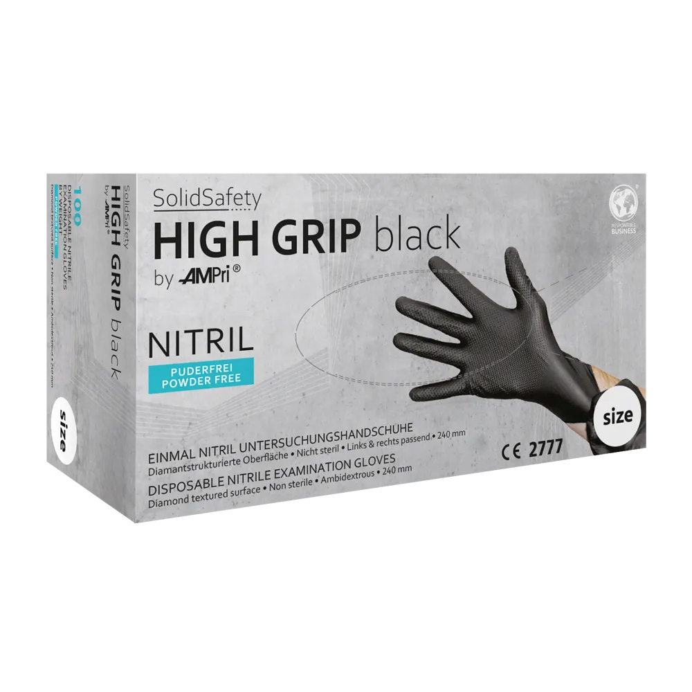 High Grip Einmalhandschuh aus Nitril, Größe M, schwarz, SolidSafety