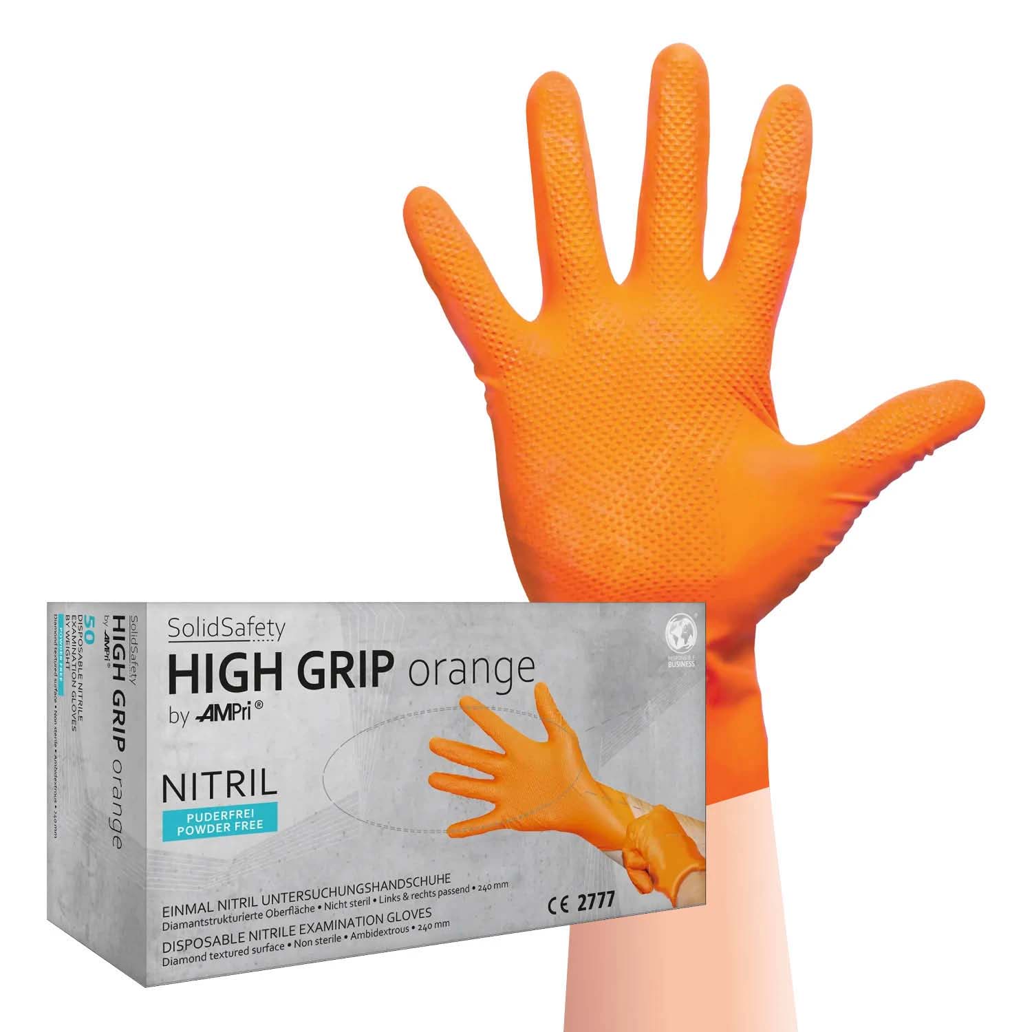 High Grip Einmalhandschuh aus Nitril, Größe S, orange, SolidSafety, 50 Stück