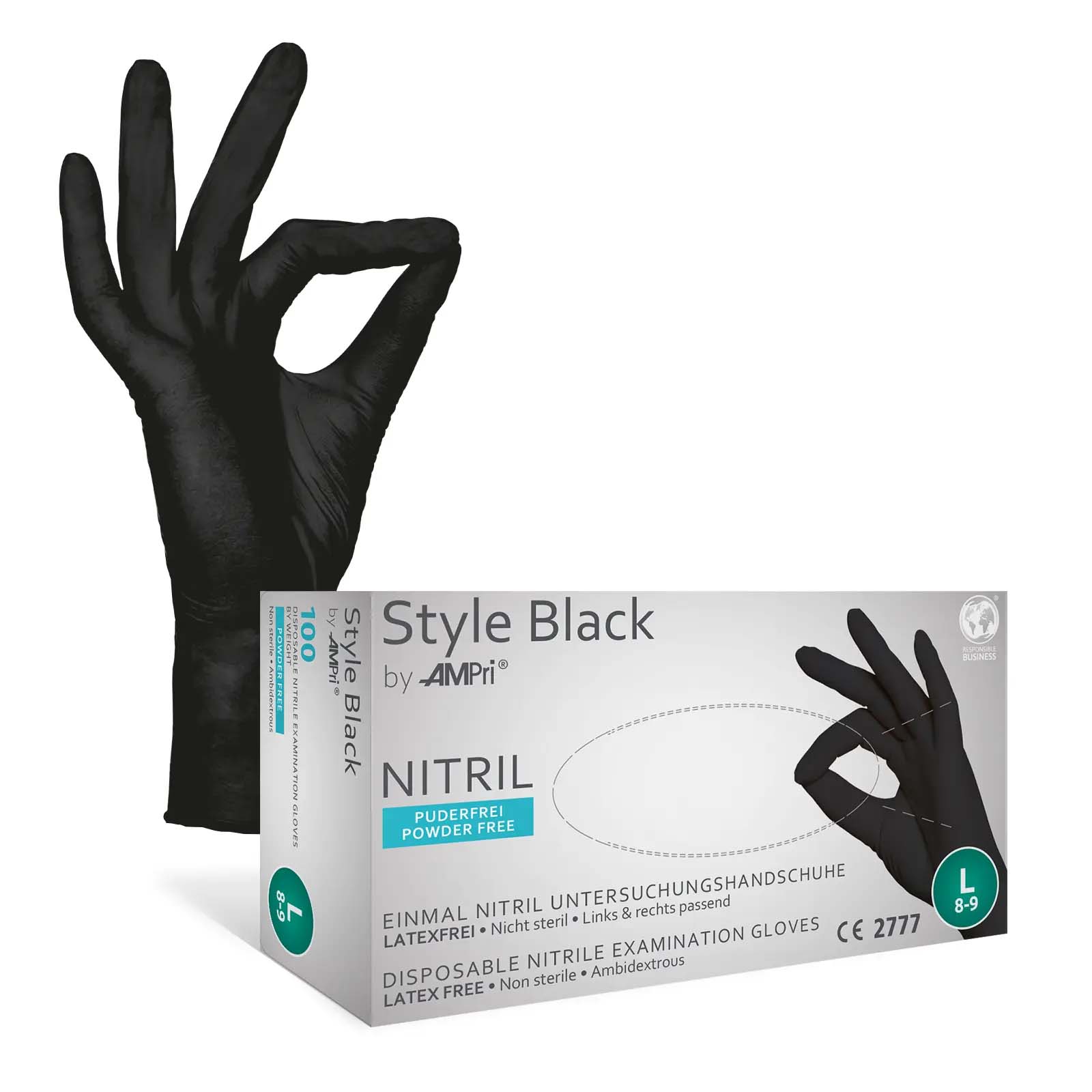 Einmalhandschuhe, Nitril Handschuhe, schwarz, puderfrei, 100 Stück, Größe L, Rabe, Style by Med-Comfort